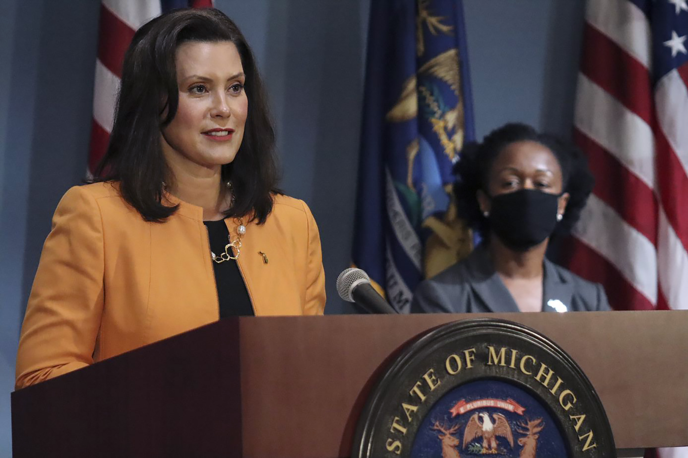 In a photo provided by the Michigan Office of the Governor, Michigan Gov. Gretchen Whitmer addresses the state during a speech in Lansing in August. (AP)