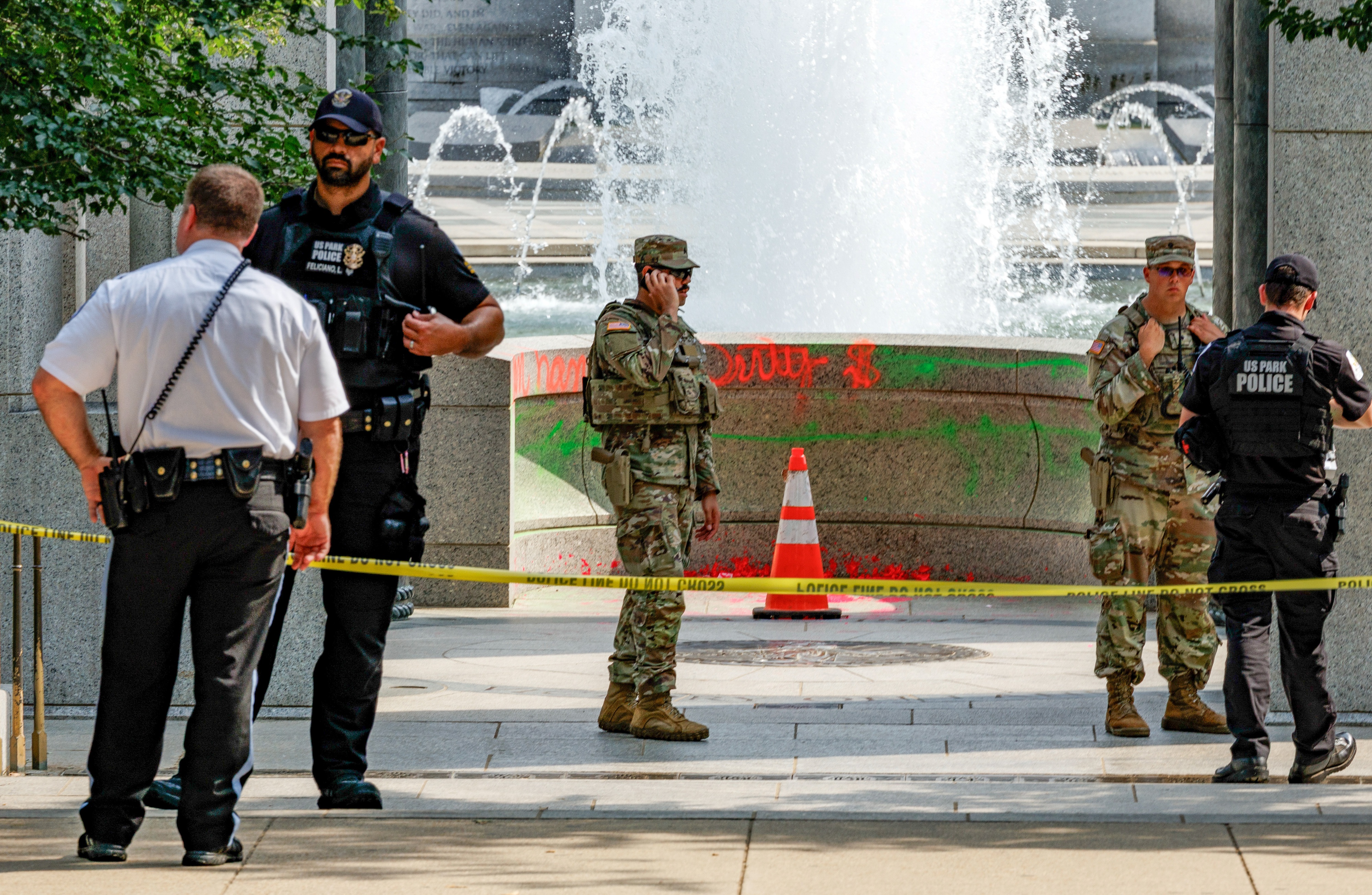 World War II Memorial on National Mall vandalized with red graffiti and soapy bubbles; U.S. Park Police investigating