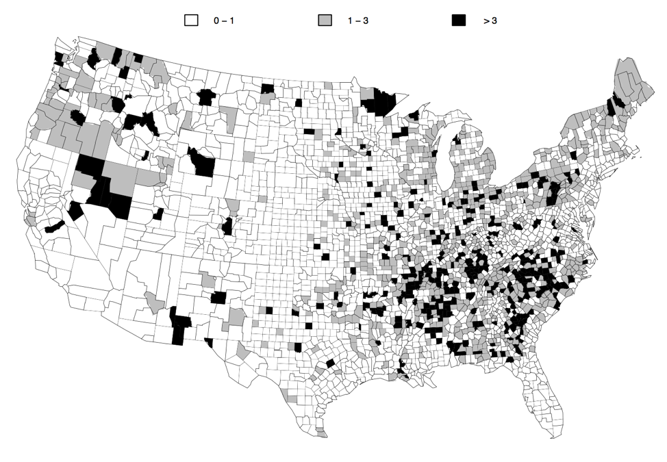 Trade-Related Job Losses (per 10,000 Population) 1999-2015. (Adam Dean)