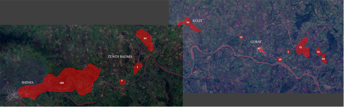 Planet Labs satellite images, with analysis by Vigil Monitor, help document structures destroyed in Qemant communities along the Shinfa River, in western Amhara, from May to October 2021. Source: Shared with permission from Vigil Monitor.