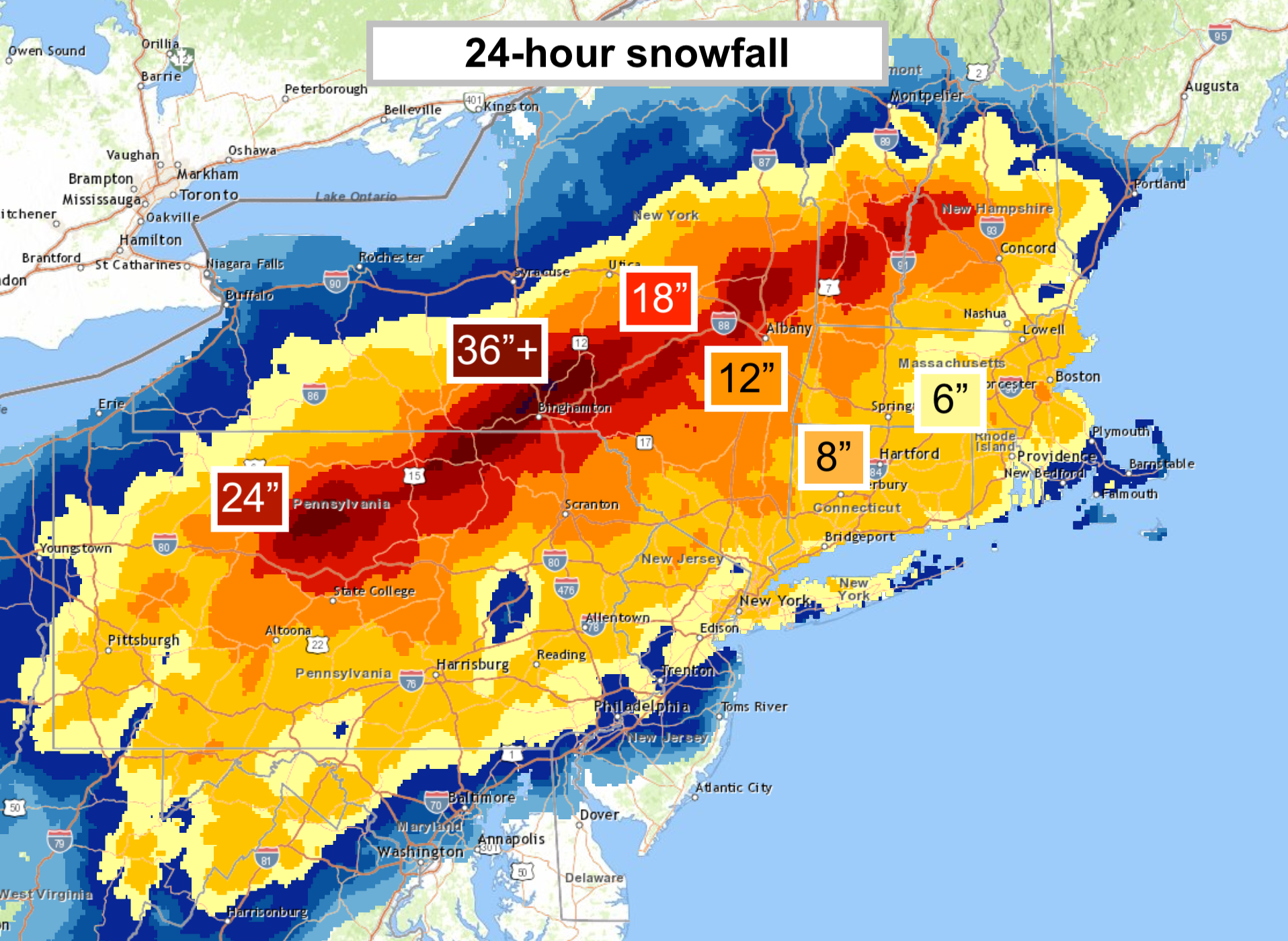 24 Hour Snowfall Map Record Snow Storm In Northeast Drops Over 40 Inches In Pennsylvania And New  York - The Washington Post