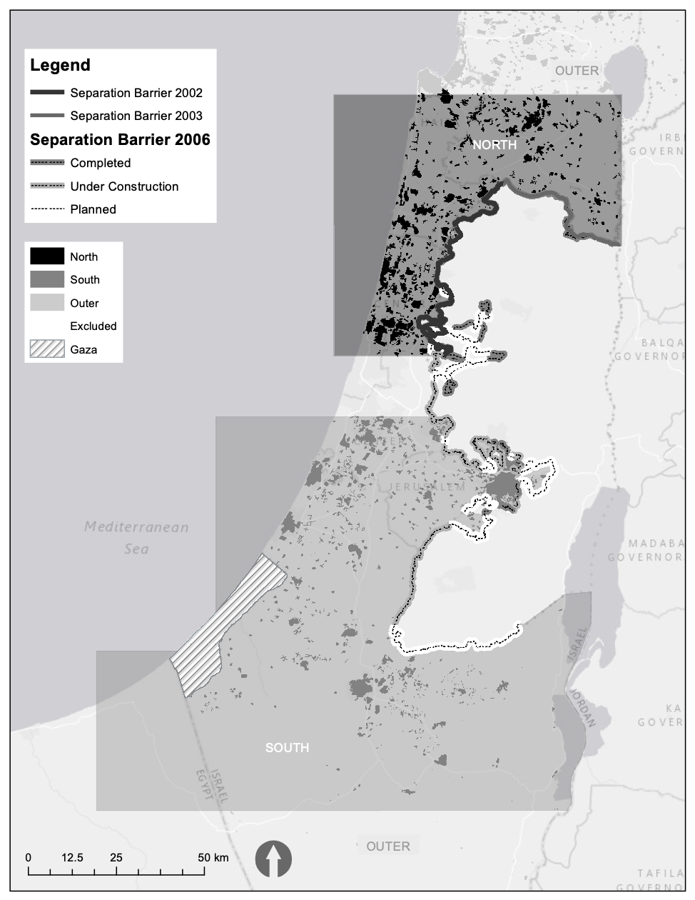 This map shows the areas studied, outlining the sections assigned to the north, south and outer zones.