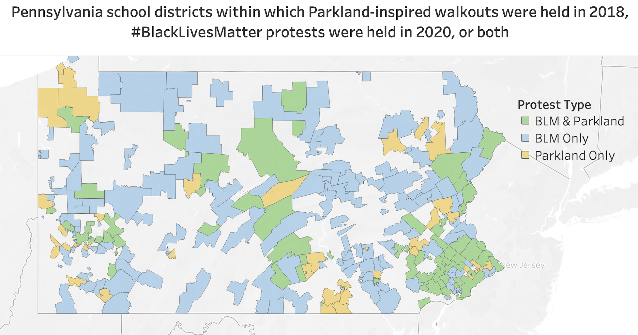 The map shows all Pennsylvania school districts within which Parkland-inspired student walkouts for gun reform were held in 2018 or #BlackLivesMatter anti-racism protests were held in 2020, or both. Figure by Gabriel Perez-Putnam using data gathered by the authors, available at Crowdcounting.org.