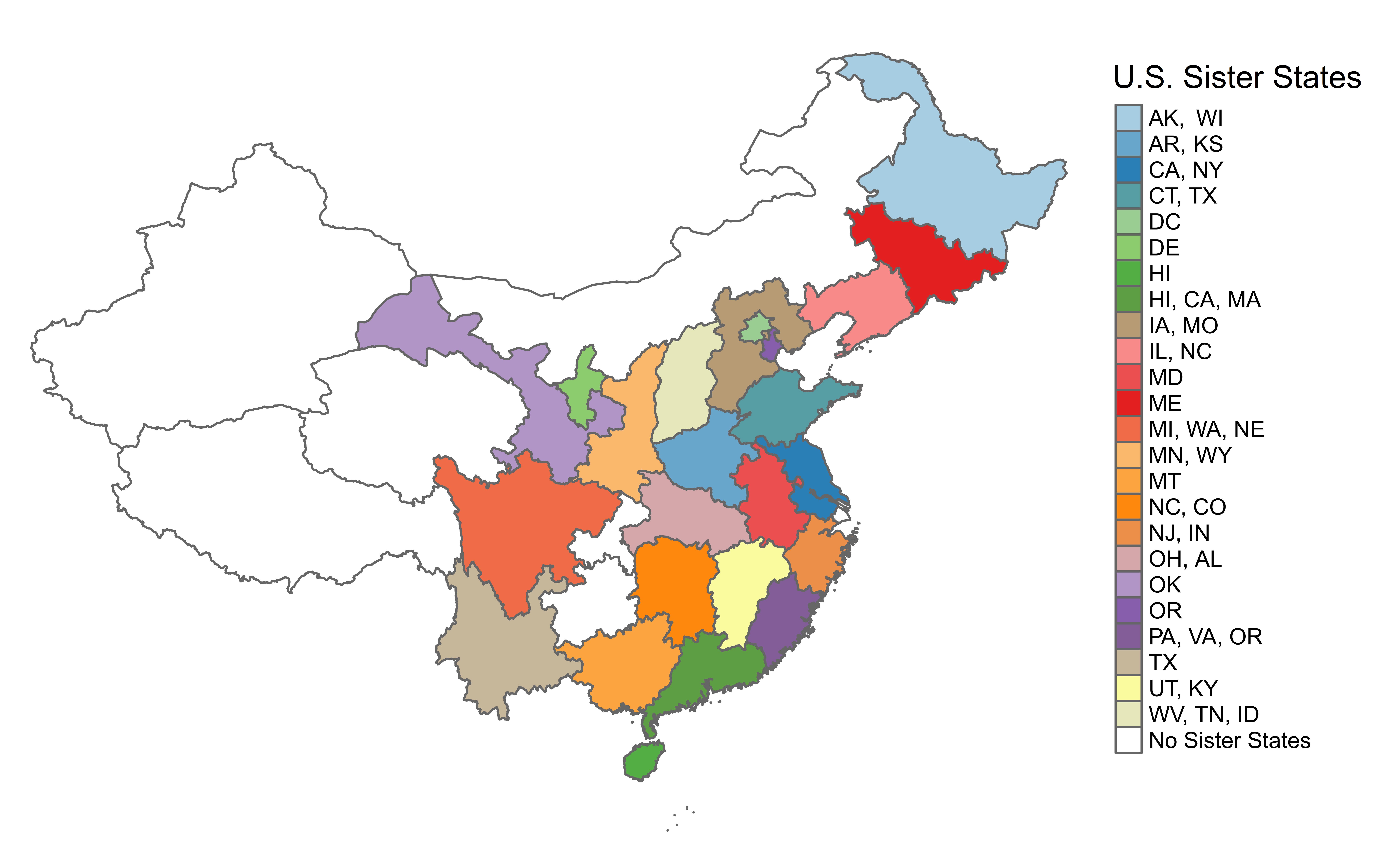 China’s provinces and U.S. sister states. Figure by authors; map uses data adapted from Xingjian Liu and Xiaohui Hu, “Are ‘Sister Cities’ from ‘Sister Provinces’? An Exploratory Study of Sister City Relations (SCRs) in China” (2018).