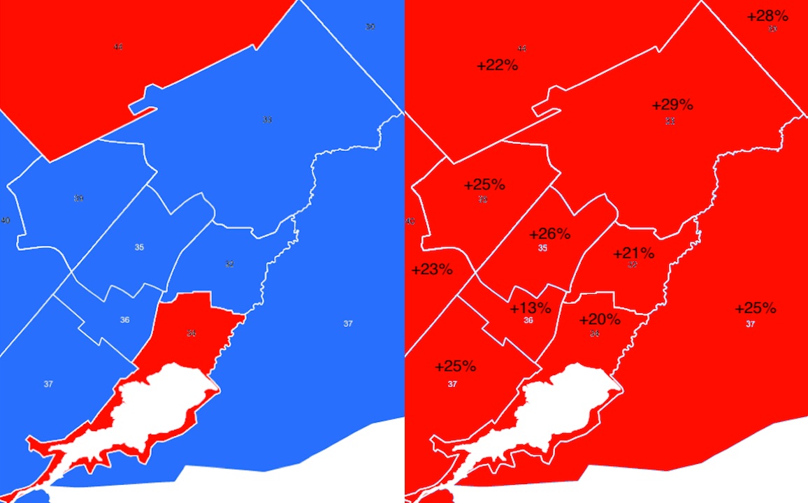 Election results in Gaborone, capital of Botswana. The map on the left shows the 2014 election results — the opposition UDC party won many of the capital’s parliamentary seats, its gains shown in blue. The map on the right shows the shift in the 2019 election, when voters overwhelmingly backed the ruling BDP party, its seats shown in red. 
Source: Paul Friesen  
Data: The Voice, https://news.thevoicebw.com/election-results/.